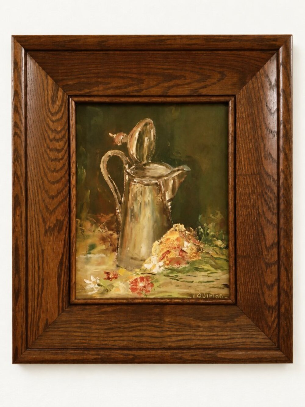 OIL PAINTING Coffee Pot Still Life Pink Flowers Oak Frame Signed Quimon Original